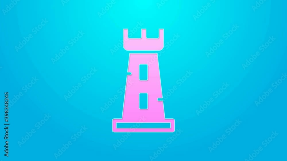 Pink line Castle tower icon isolated on blue background. Fortress sign. 4K Video motion graphic animation Pink line Castle tower icon isolated on blue background. Fortress sign. 4K Video motion graphic animation
