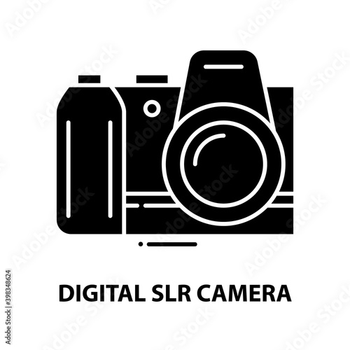 digital slr camera icon, black vector sign with editable strokes, concept illustration