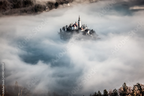 amazing sunrise at lake Bled from Ojstrica viewpoint, Slovenia, Europe - travel background