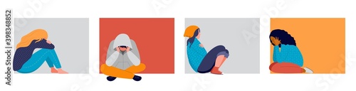 Young people, teenagers, suffering from psychological diseases, anxiety. Girls and boys sitting sad by the window or wall