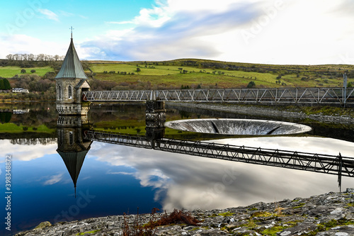 Pontsticill Reservoir with Bell-mouth spillway and valve tower, South Wales, United Kingdom