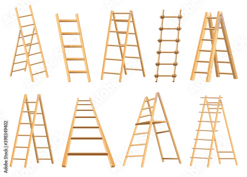 Set of wooden ladders household tool. Step ladders for domestic and construction needs. Isolated vector illustration