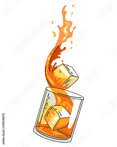 Glass of whiskey with ice isolated on transparent background. Realistic vector glass with smokey scotch whiskey and ice isolated. Glass and drink