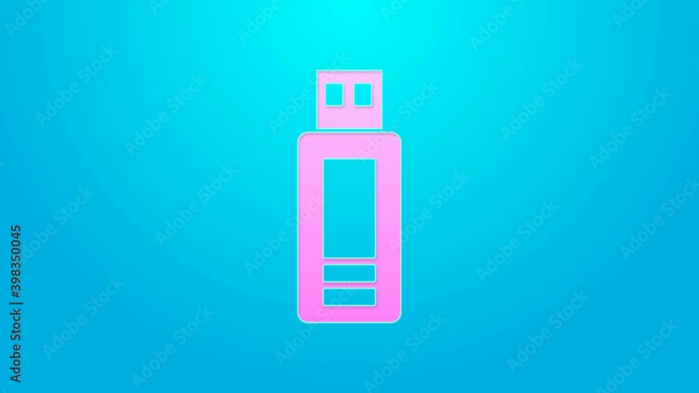 Pink line USB flash drive icon isolated on blue background. 4K Video motion graphic animation Pink line USB flash drive icon isolated on blue background. 4K Video motion graphic animation