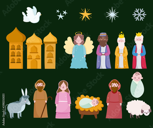 happy epiphany, three wise kings mary joseph baby and animals icons