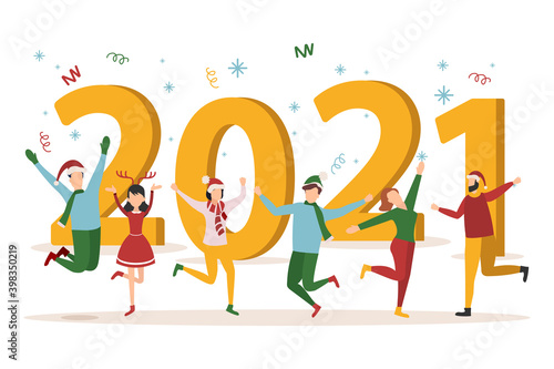 Flat design Christmas and New Year vector concept 2021. People celebrate new year concept. Volumetric figures. Vector illustration for poster  banner  card  cover  postcard.