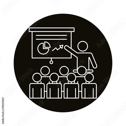 group of workers training with paperboard and statistics coworking line style