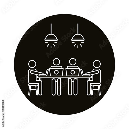 four workers in table with laptops coworking line style icon