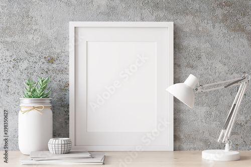 Home interior poster mock up with horizontal white frame, decorative jar with plant, white table lamp. 3D rendering. 3D Illustration