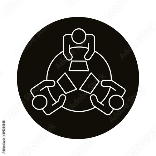 three workers in round table coworking line style icon