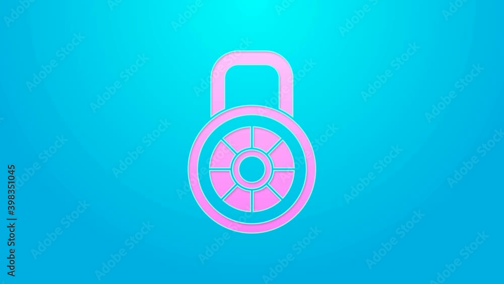 Pink line Safe combination lock icon isolated on blue background. Combination padlock. Security, safety, protection, password, privacy. 4K Video motion graphic animation Pink line Safe combination lock icon isolated on blue background. Combination padlock. Security, safety, protection, password, privacy. 4K Video motion graphic animation