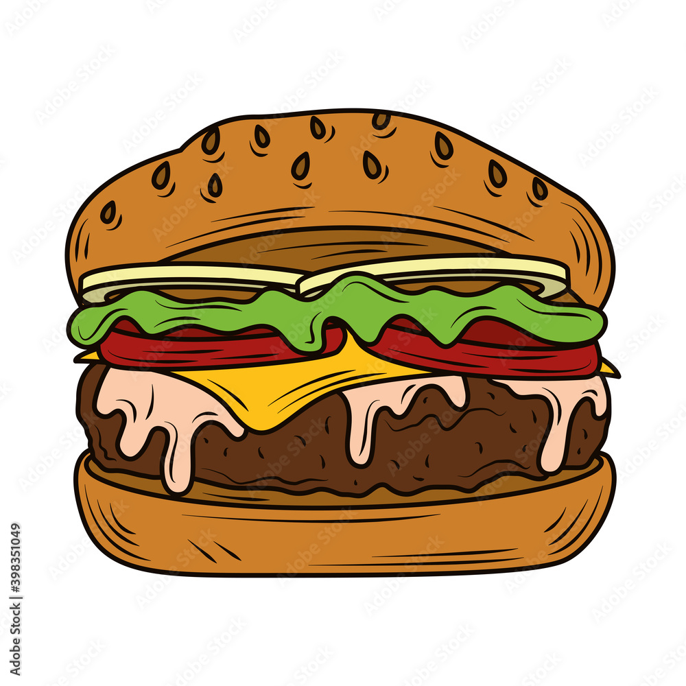 classic burger american with lettuce tomato onion cheese beef and sauce fast food classic burger american with lettuce tomato onion cheese beef and sauce fast food
