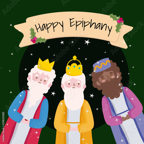 Vászonkép happy epiphany, three wise kings cartoon ribbon and holly berry