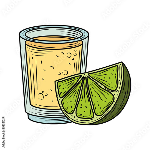 mexican food and drink tequila shot with lime traditional vintage engraved color