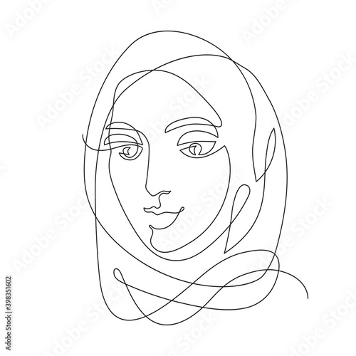 Continuous one line drawing. Abstract portrait of muslim woman in hijab in minimalistic modern style