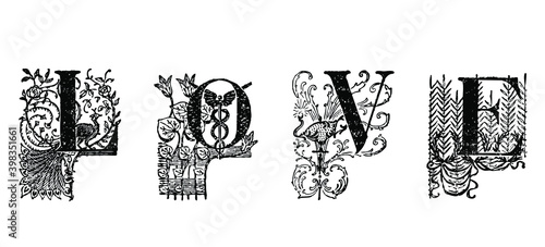Ornate vintage letters "LOVE" Black and White illustrated