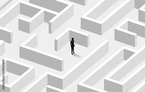 Silhouette of businessman at center of maze. Business concept for problem solving and solution strategy