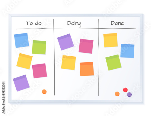 Kanban board with blank sticky note papers for writing task. Agile project management, tasks planning and to do list.