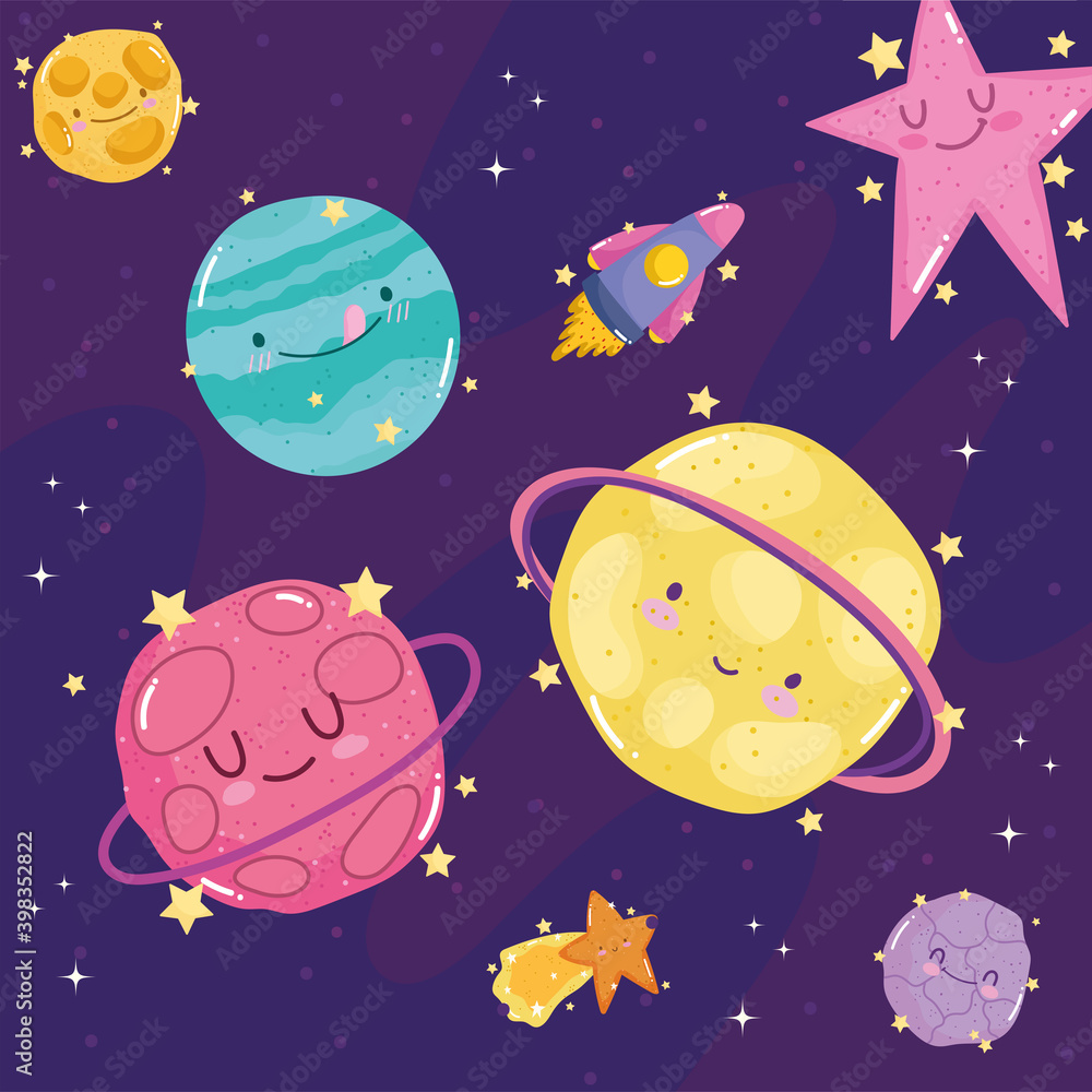 space shooting star planets spaceship explore adventure cute cartoon