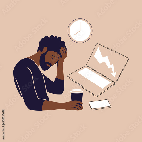 Professional burnout syndrome. Illustration tired african american office worker sitting at the table. Frustrated worker, mental health problems. Vector illustration in flat.