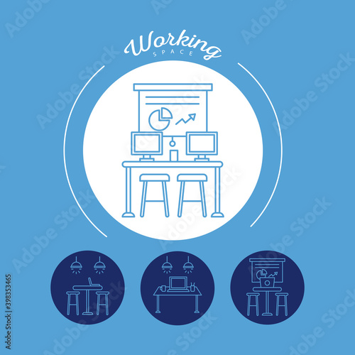 bundle of four workers avatars coworking line style icons in blue background