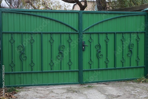 large closed green metal gate with wrought iron pattern on the street