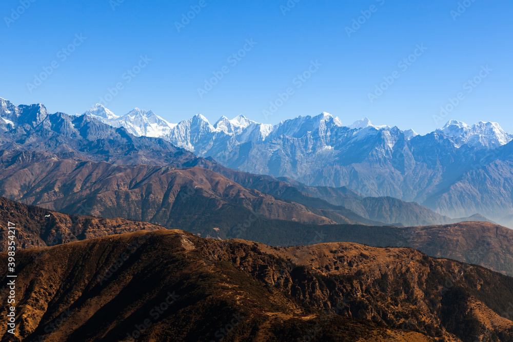 Beautiful Himalayan Landscape. Everest mountain range. View from PK (Pikey) peak. Beatiful landscape in Nepal.