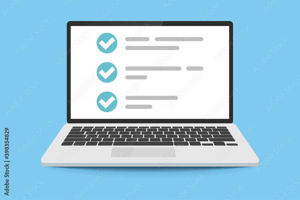 Green check marks laptop notifications in modern style on red background. Check list button icon. Green tick, check list icon. Check mark icon. Laptop vector icon. Green check marks laptop notifications in modern style on red background. Check list button icon. Green tick, check list icon. Check mark icon. Laptop vector icon.