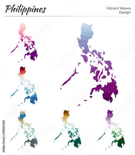 Set of vector maps of Philippines. Vibrant waves design. Bright map of country in geometric smooth curves style. Multicolored Philippines map for your design. Superb vector illustration.