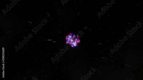 Exploration of galaxies through outer space towards a bright milky-way galaxy. 4K looping animation of flying through bright nebulae, clouds, and star fields.