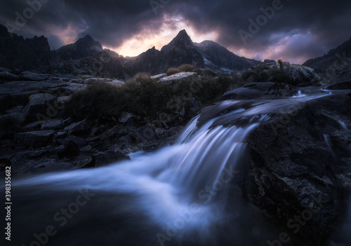 Rocky Creek Flowing over the Rocks at Dramatic Twilight near Teryho Chata Mountain Chalet in Hight Tatras Mountains  Slovakia