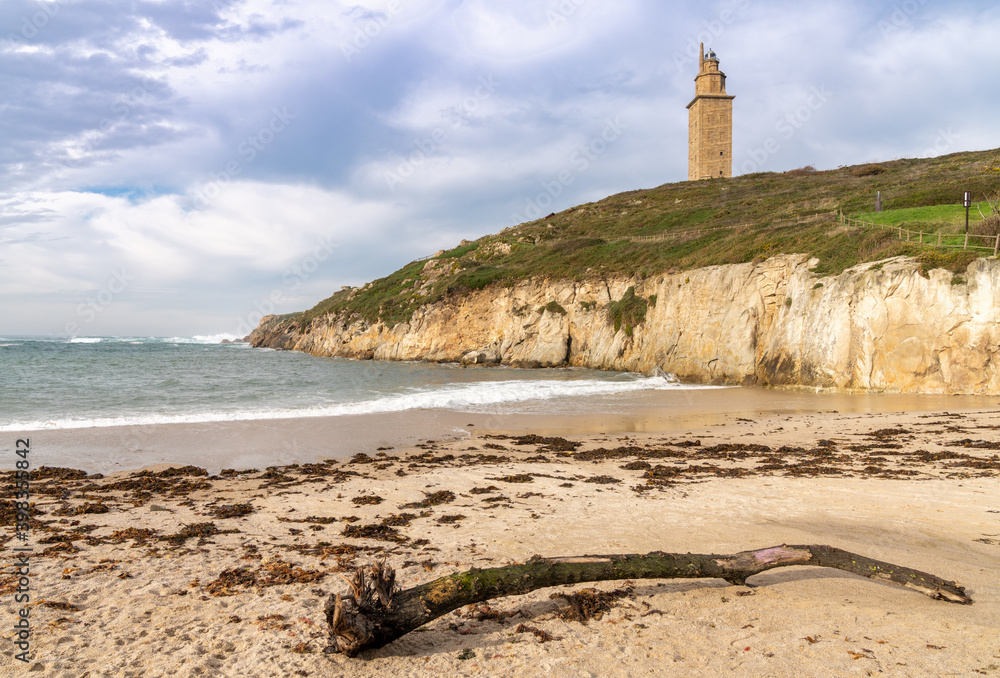view of the Hercules Tower lighthouse in La Coruna in Galicia