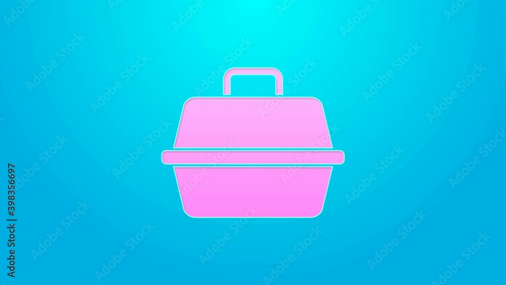 Pink line Pet carry case icon isolated on blue background. Carrier for animals, dog and cat. Container for animals. Animal transport box. 4K Video motion graphic animation Pink line Pet carry case icon isolated on blue background. Carrier for animals, dog and cat. Container for animals. Animal transport box. 4K Video motion graphic animation