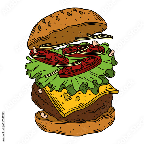 delicious hamburger classic american with lettuce, onion, tomato, beef fast food
