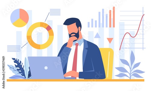 Bearded businessman sitting in office and analyzing data on his laptop. Data science, scientific research, workflow concept. Business charts and diagrams. Flat cartoon vector illustration