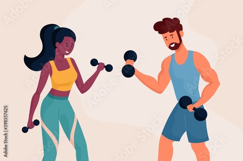 Athletic man and woman exercising with a dumbells. Flat cartoon vector illustrations