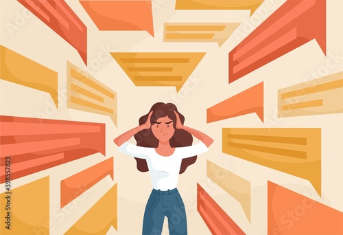 Sad young woman covering ears with hands to stop flow of negative information. Fake news, advertising noise, disinformation, raising a panic concept. Flat cartoon vector illustration