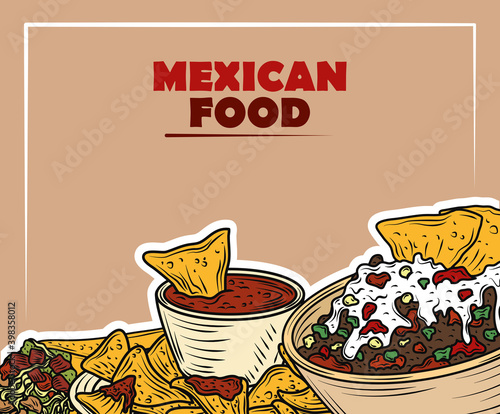 mexican food traditional nachos sauce meat gucamole sauce and cheese, vintage engraved color