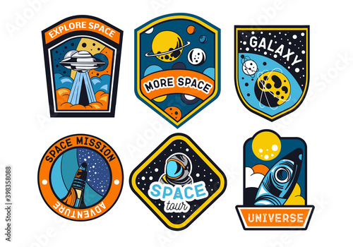 Set of abstract and futuristic space badges, patches, emblems, and labels. Vector illustration