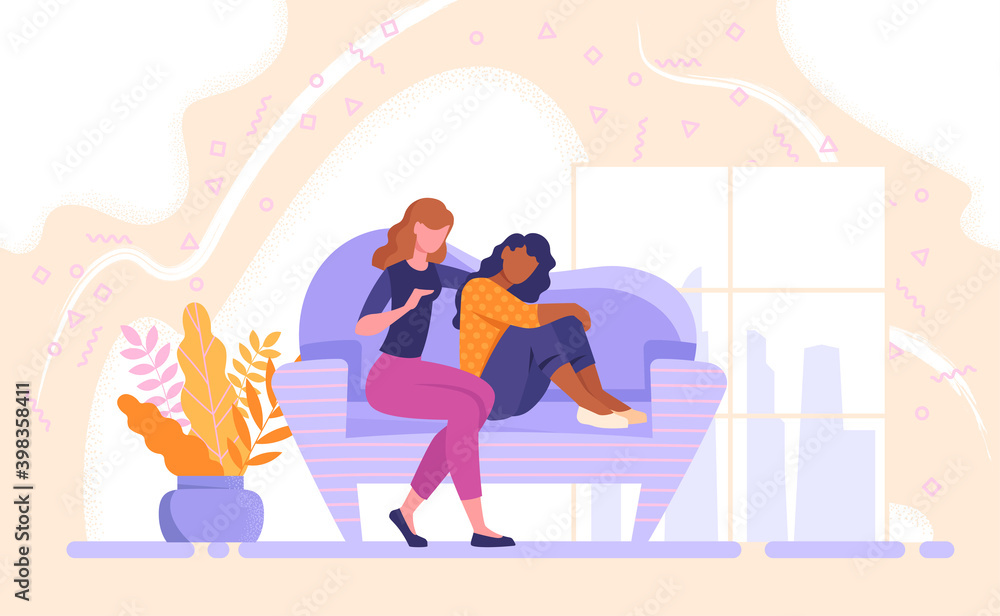 Woman giving comfort and support to friend, keeping palm on her shoulder. Girl feeling stress, loneliness, anxiety. Vector illustration for counseling, empathy, psychotherapy, friendship concept Woman giving comfort and support to friend, keeping palm on her shoulder. Girl feeling stress, loneliness, anxiety. Vector illustration for counseling, empathy, psychotherapy, friendship concept