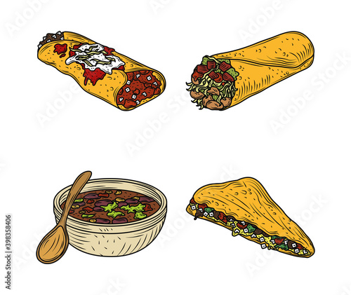 mexican food traditional icons enchilada burrito quesadilla sauce, engraved color