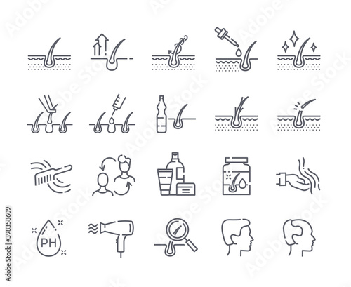Hair loss treatment black and white flat line icons set. Shampoo ph, dandruff, hair growth, keratin, hair transplantation vector illustrations. Set of vector outline signs, icons, symbols