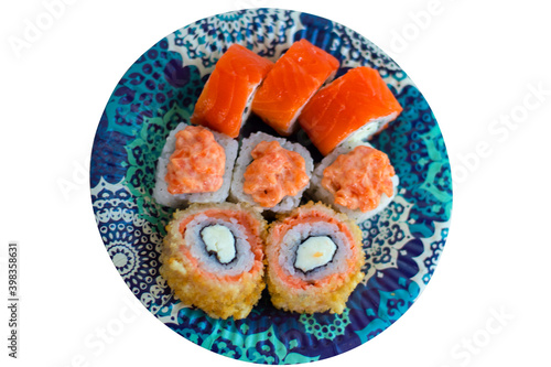 Japanese seafood sushi , roll on a white background.