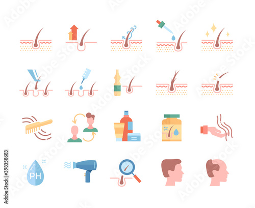 Hair loss treatment colored flat line icons set. Shampoo ph, dandruff, hair growth, keratin, hair transplantation. Bundle of vector illustrations. Set of outline signs, icons, symbols