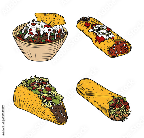 mexican food burrito taco enchilada traditional icons vintage engraved color