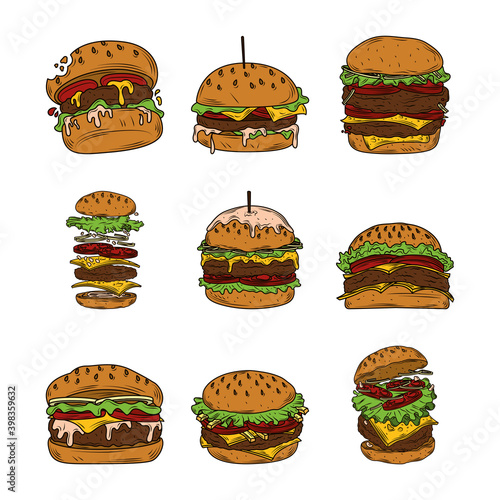 burger varieties, including hamburger, cheeseburger, bacon burger and double decker burger fast food