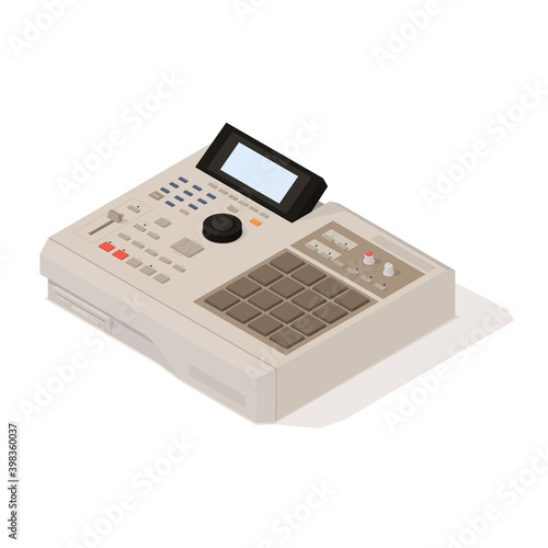 Vector old school 90s drum machine in isometric 3D style. Retro digital musical instrument for hip-hop producers and beatmakers