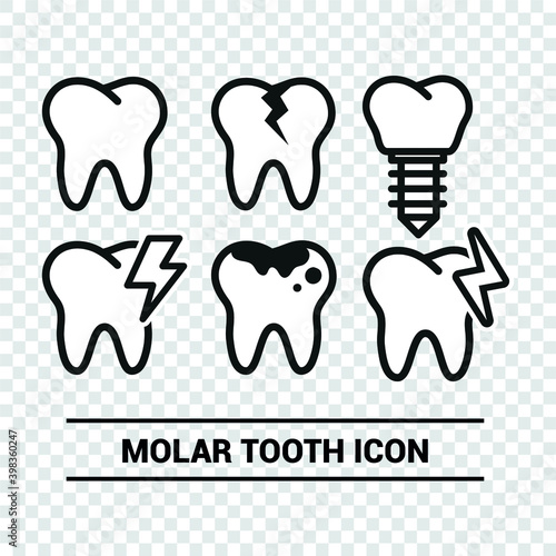 Vector image. Collection of grinding wheels icons. Image of cavities  molar implant and toothache.