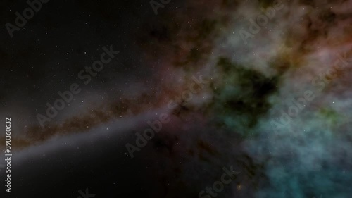 Exploration of galaxies through outer space towards a bright milky-way galaxy. 4K looping animation of flying through bright nebulae, clouds, and star fields.