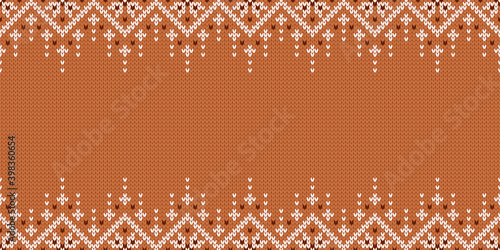 Knitwear texture. Template with empty place for text. Traditional seasonal seamless wide background for holiday design. Winter knitted sweater pattern with snowflakes. Christmas vector illustration.